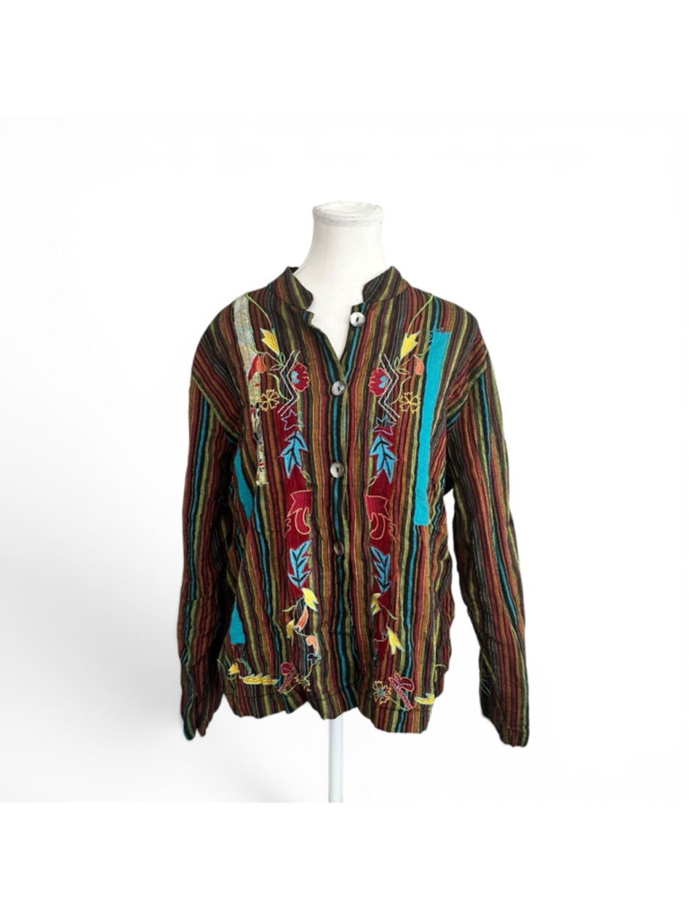 Y2K Boho Patchwork Embroidered Jacket Striped Artisan Festival Shirt